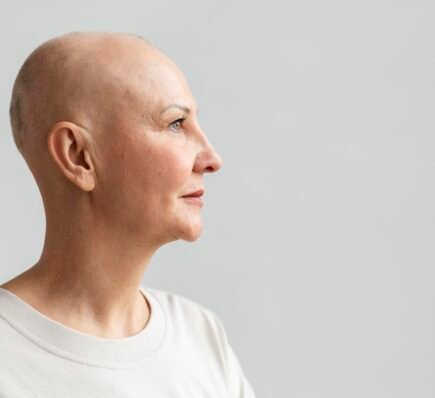 Middle-aged woman with hair loss from thyroid cancer treatment, symbolizing thyroid cancer awareness in women