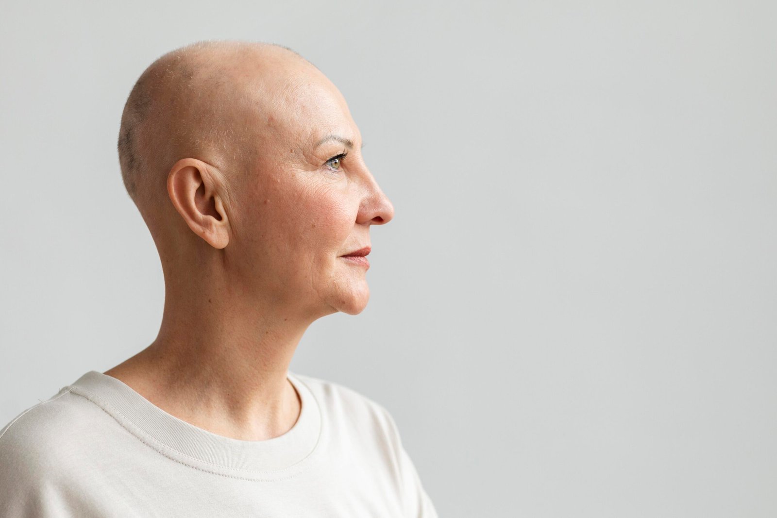 Middle-aged woman with hair loss from thyroid cancer treatment, symbolizing thyroid cancer awareness in women