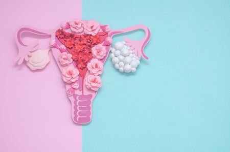 Illustration of a female reproductive system decorated with pink flowers and white spheres, symbolizing polycystic ovary syndrome (PCOS).