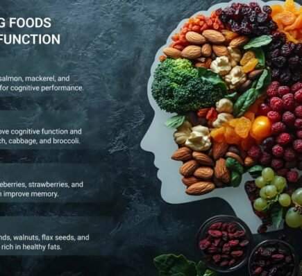 Illustration of brain-shaped food arrangement with fruits, vegetables, nuts, and seeds showing brain-boosting foods for cognitive function.