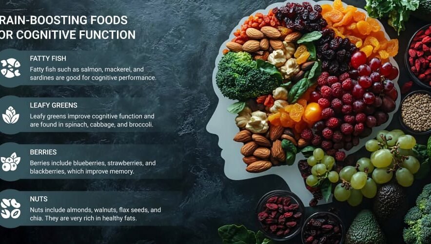 Illustration of brain-shaped food arrangement with fruits, vegetables, nuts, and seeds showing brain-boosting foods for cognitive function.