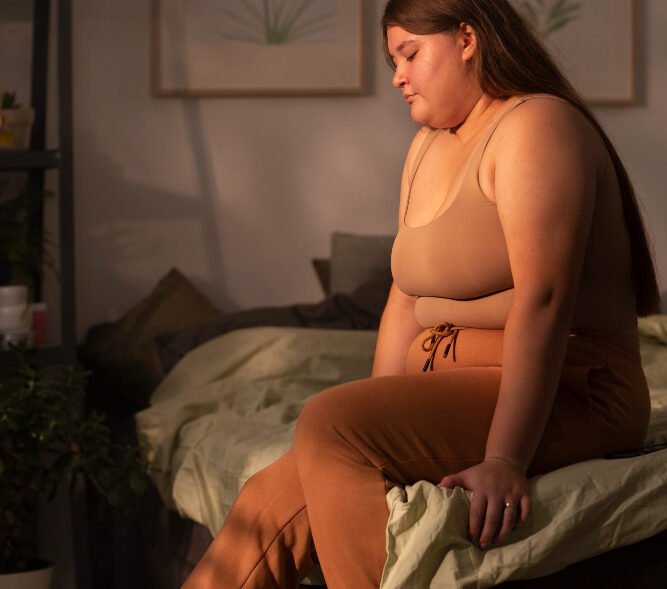 A woman in a beige tank top and brown pants sits on the edge of a bed, looking down thoughtfully in a softly lit bedroom.