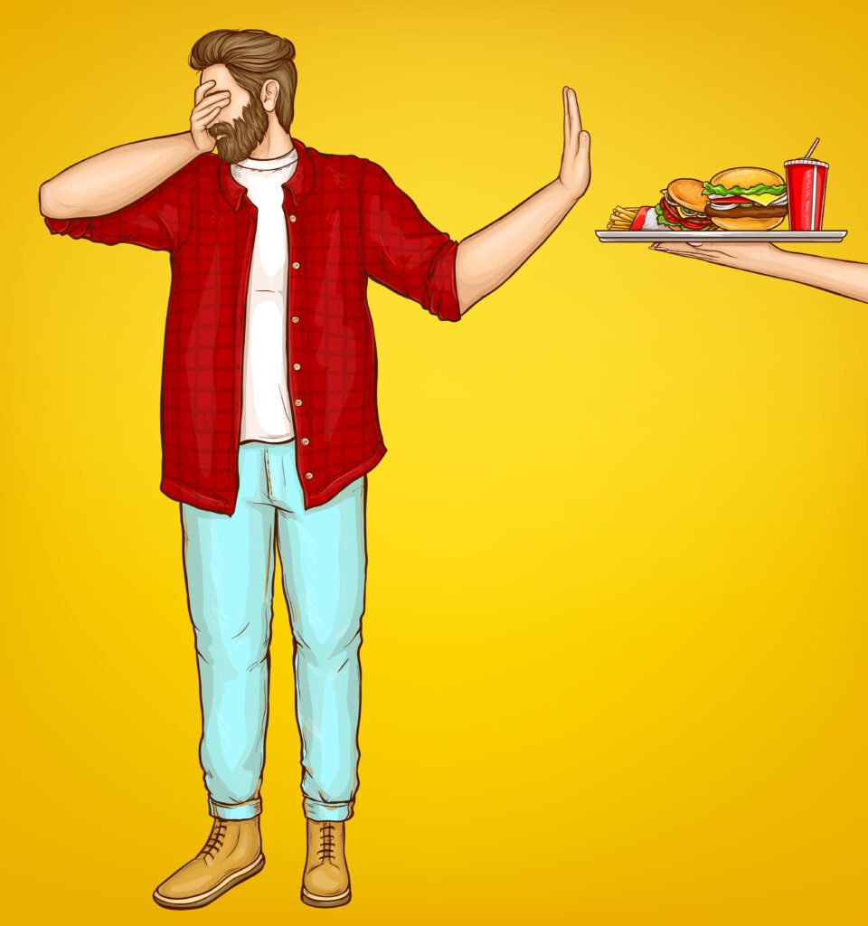 Diet and weight loss control cartoon vector concept. Overweight man dont wont look, turning away, showing stop hand sign for reached tray with high-calorie meals, refusing from fast food illustration