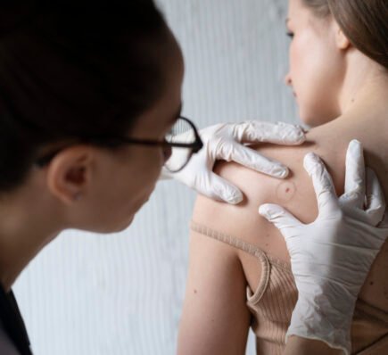 Female doctor examining patient’s skin for signs of melanoma during diagnosis.