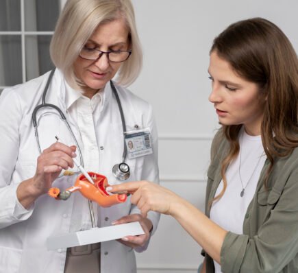 Female doctor discussing ovarian cancer chemotherapy treatment with patient during consultation.