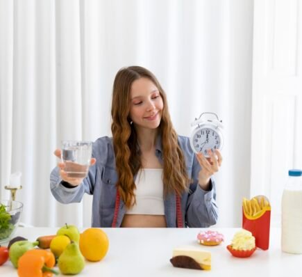 Young woman holding a clock and a glass of water while sitting at a table with healthy fruits and junk food, symbolizing intermittent fasting choices.