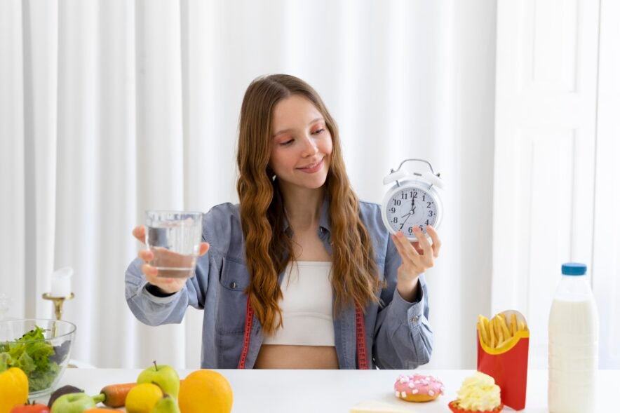 Young woman holding a clock and a glass of water while sitting at a table with healthy fruits and junk food, symbolizing intermittent fasting choices.