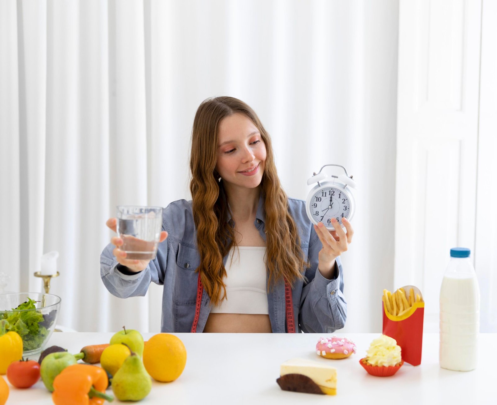 Young woman holding a clock and a glass of water while sitting at a table with healthy fruits and junk food, symbolizing intermittent fasting choices.