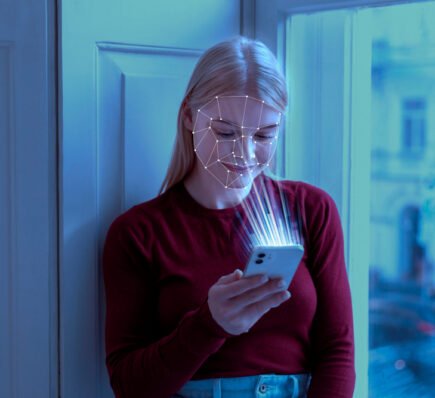 Person indoors using facial recognition on a smartphone, with digital overlay mapping facial features and light beams connecting the device to their face.