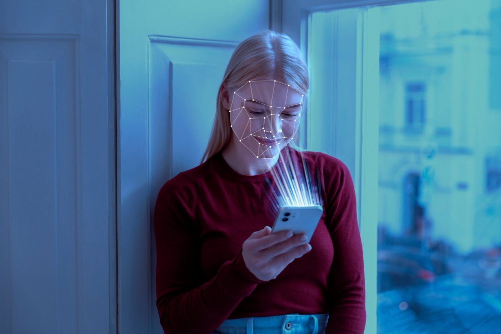 Person indoors using facial recognition on a smartphone, with digital overlay mapping facial features and light beams connecting the device to their face.