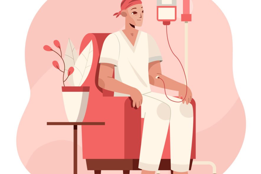 A person in white clothing and a red headscarf sits in a red armchair receiving IV treatment in a calm, softly colored medical setting. An IV pole stands beside them, and a small table with a potted plant adds a comforting touch.