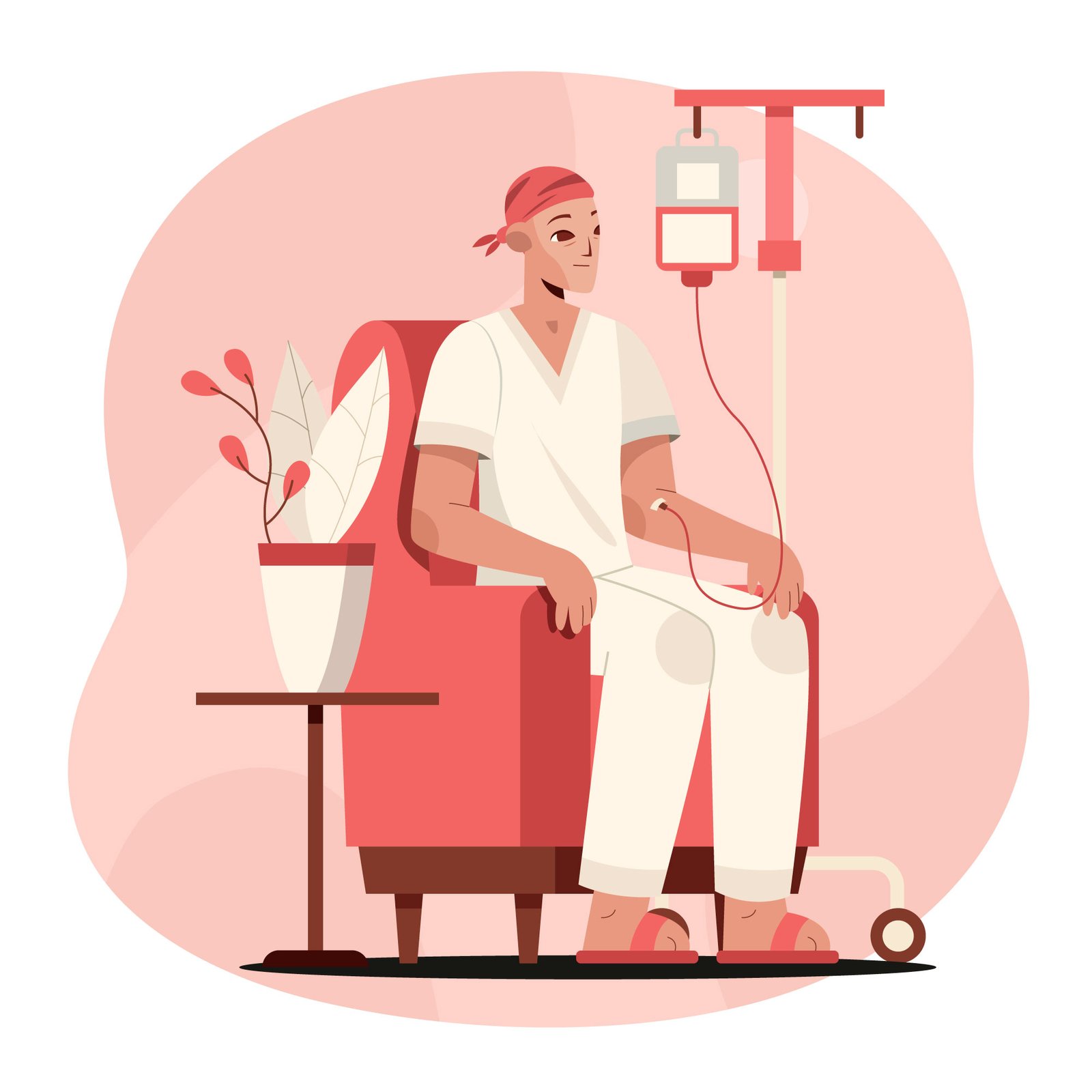 A person in white clothing and a red headscarf sits in a red armchair receiving IV treatment in a calm, softly colored medical setting. An IV pole stands beside them, and a small table with a potted plant adds a comforting touch.