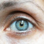 Close-up of a human eye with a vivid blue iris featuring green and yellow hues near the pupil, surrounded by visible red veins in the sclera and detailed skin texture.