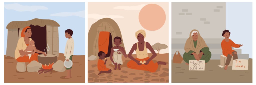 Hunger food crisis flat set with people suffering from starvation and malnutrition isolated vector illustration 