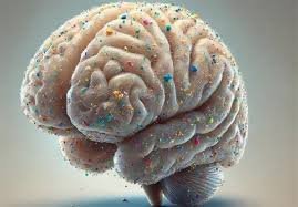A stylized human brain covered in colorful sprinkles, blending anatomical detail with artistic whimsy.