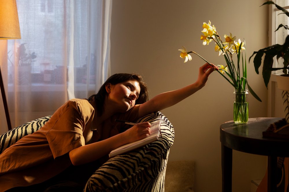 Person seated in a zebra-striped armchair, reaching toward a vase of yellow daffodils on a nearby table, with a notebook and pen in hand. Warm lighting and indoor plants create a cozy, contemplative atmosphere.
